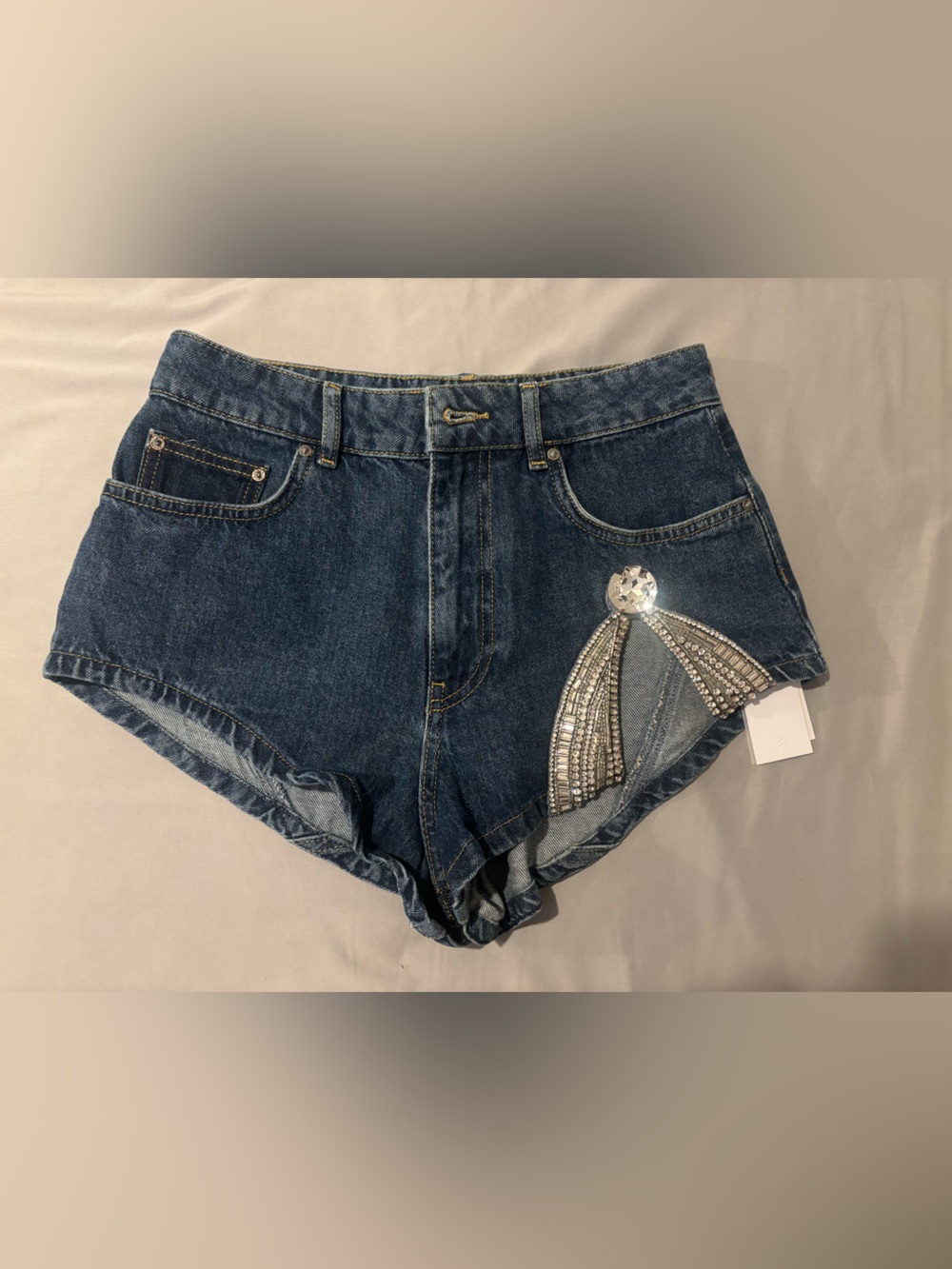 AREA Dark Blue Denim Shorts with Crystal Fan Embellishment